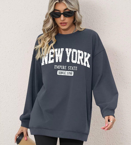 ORANDESIGNE Oversized Graphic Sweatshirt Women Long Sleeve New York Blue Size XS