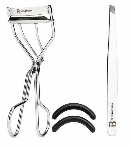 BLISSOTOPIA 2-in-1 Eyelash Curler and Tweezer Set Silver Travel Friendly