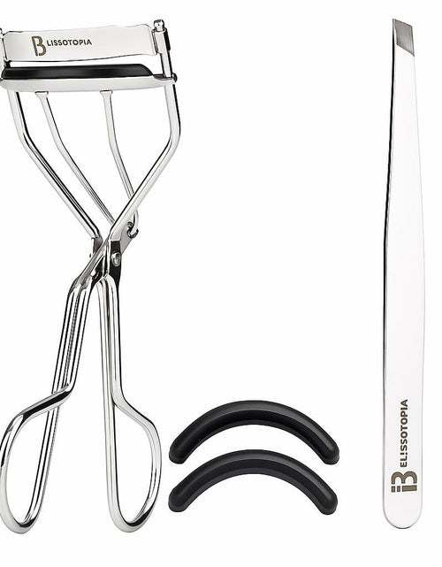 Load image into Gallery viewer, BLISSOTOPIA 2-in-1 Eyelash Curler and Tweezer Set Silver Travel Friendly
