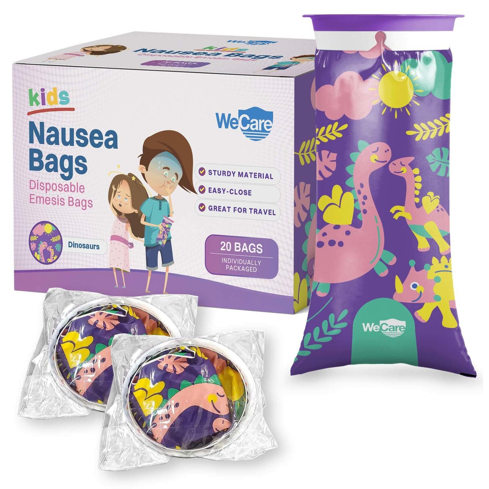 Kids Vomit Bags 20 Pack Disposable Leak Proof Self Sealing Dinosaur Print