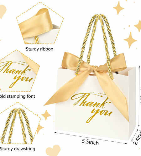 Xylitic Thank You Gift Bags White Gold Ribbon Small 5.5x2.4x4.7 Inch 24 Pack