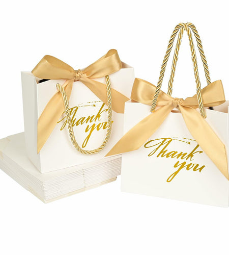 Xylitic Thank You Gift Bags White Gold Ribbon Small 5.5x2.4x4.7 Inch 24 Pack