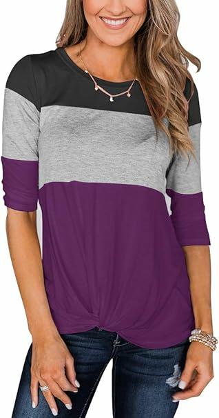 Load image into Gallery viewer, Minthunter Women's Long Sleeve Color Block T-Shirt Round Neck Black-GR-Purple XL
