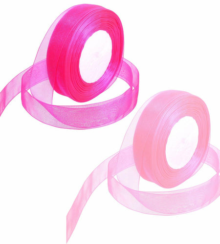 2 Rolls Hot Pink Chiffon Ribbon 1 Inch x 50 Yards Sheer Gift Wrap Crafts