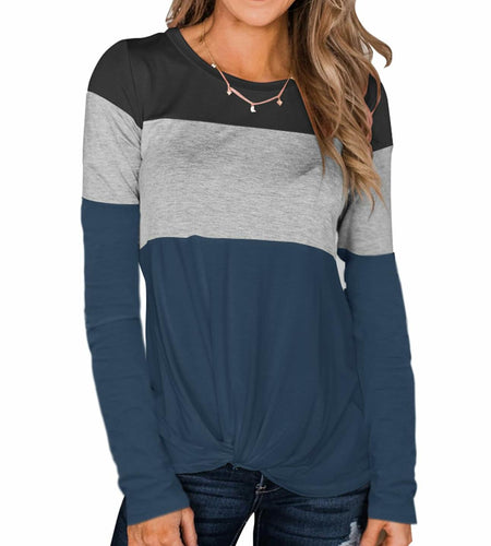 Minthunter Women's Long Sleeve Color Block T-Shirt Round Neck Black-GR-Purple XL