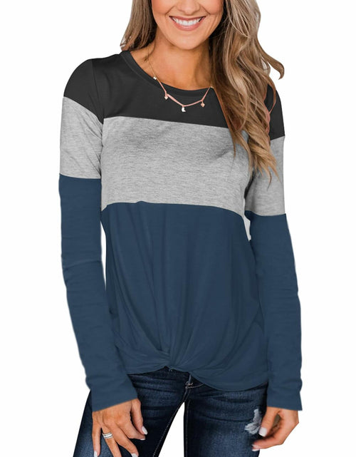 Load image into Gallery viewer, Minthunter Women's Long Sleeve Color Block T-Shirt Round Neck Black-GR-Purple XL
