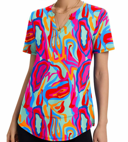 TCOT Women's Athletic Short Sleeve Gym Workout Shirt B Rose Red Printed Size 3XL