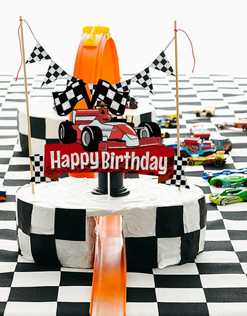 Load image into Gallery viewer, EQ EvaIrisQing Glitter Race Car Cake Topper Birthday Decor Checkered Flag
