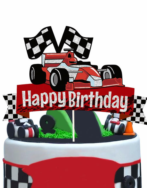 Load image into Gallery viewer, EQ EvaIrisQing Glitter Race Car Cake Topper Birthday Decor Checkered Flag
