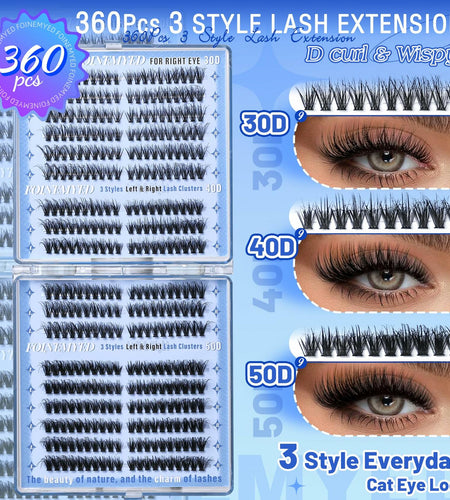 FOINEMYED Lash Clusters 360 Pcs 9-18mm Cat Eye Wispy D Curl Natural