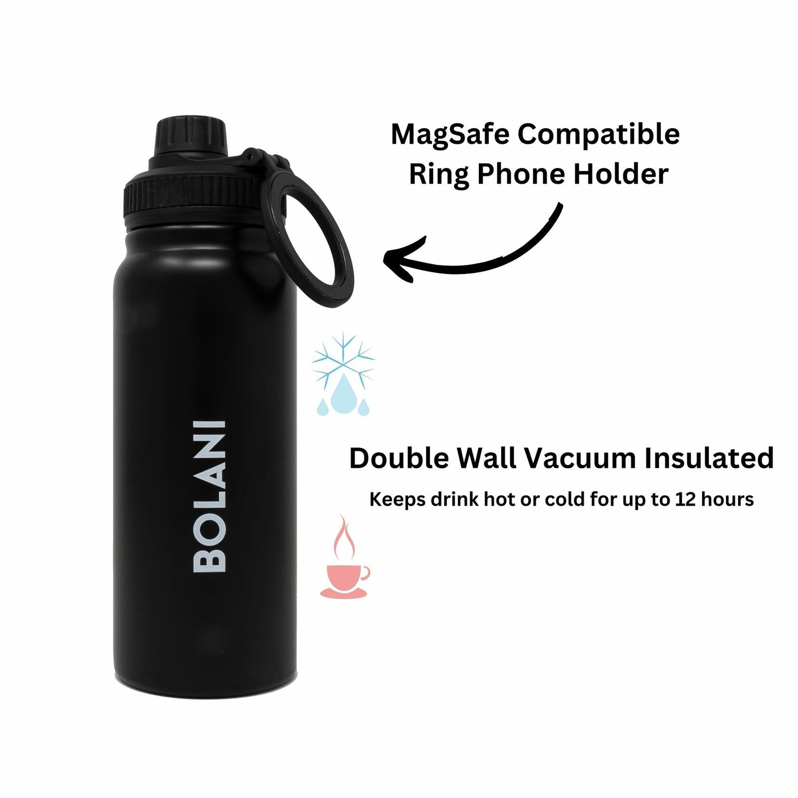 BOLANI MagSafe Water Bottle Stainless Steel 24oz White Insulated Leak Proof