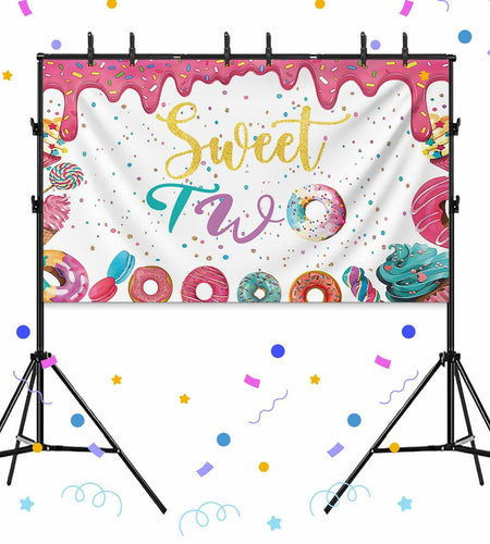 xuanflyF Donut Sweet Two Birthday Party Backdrop Banner 5x3ft Pink Cotton