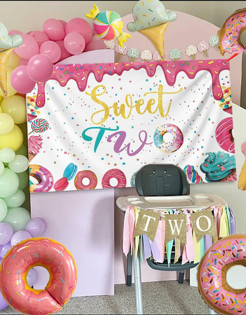 Load image into Gallery viewer, xuanflyF Donut Sweet Two Birthday Party Backdrop Banner 5x3ft Pink Cotton
