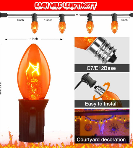 Abeja 25Ft C7 Orange String Lights 27 Bulbs Black Wire Vintage Halloween