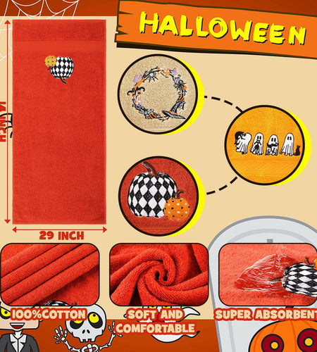 Fanfanwin Halloween Embroidered Ghost Pumpkin Cotton Towels 29x14 Inch 3 Pc