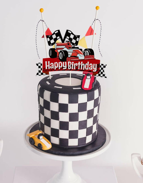 Load image into Gallery viewer, EQ EvaIrisQing Glitter Race Car Cake Topper Birthday Decor Checkered Flag
