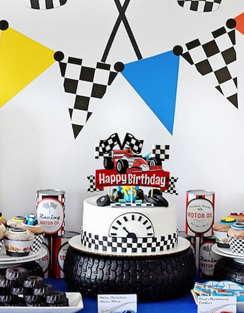 Load image into Gallery viewer, EQ EvaIrisQing Glitter Race Car Cake Topper Birthday Decor Checkered Flag
