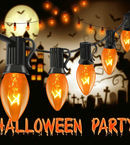 Abeja 25Ft C7 Orange String Lights 27 Bulbs Black Wire Vintage Halloween