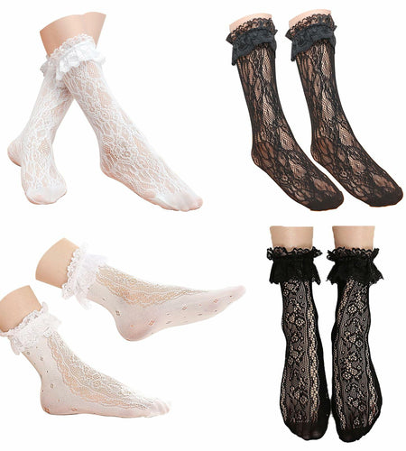 YWAOAIJD Women's Lace Ruffle Ankle Socks Mesh Trim 4 Pairs Size 5-9 Black White