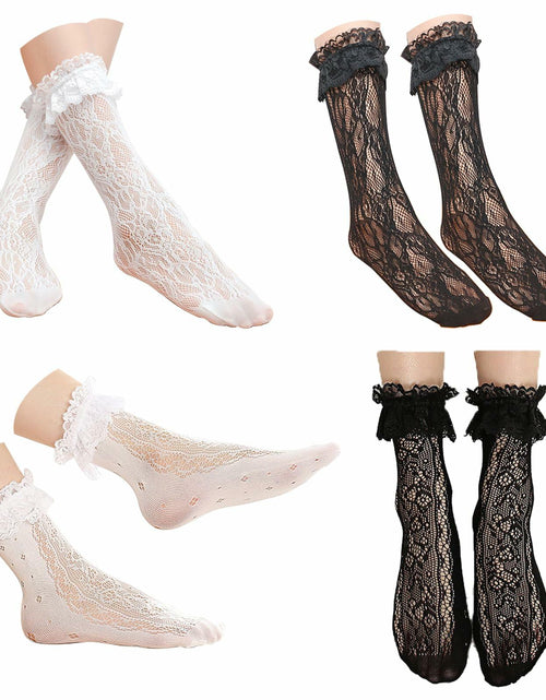 Load image into Gallery viewer, YWAOAIJD Women's Lace Ruffle Ankle Socks Mesh Trim 4 Pairs Size 5-9 Black White
