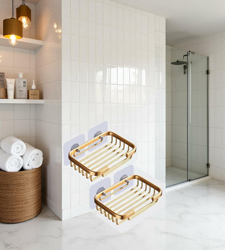 2Pcs Gold Soap Dish Hanging Drain Rack Self Adhesive Bathroom Accessories