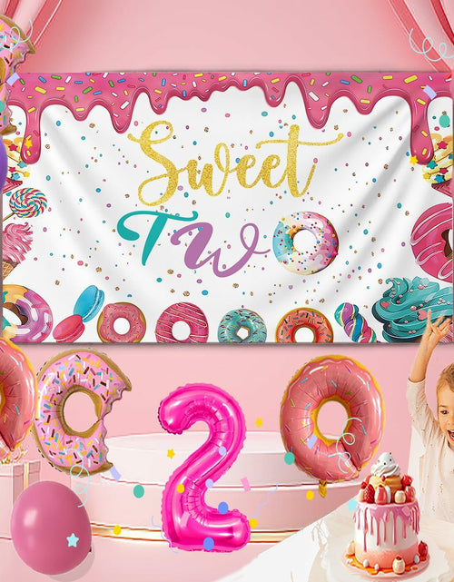 Load image into Gallery viewer, xuanflyF Donut Sweet Two Birthday Party Backdrop Banner 5x3ft Pink Cotton
