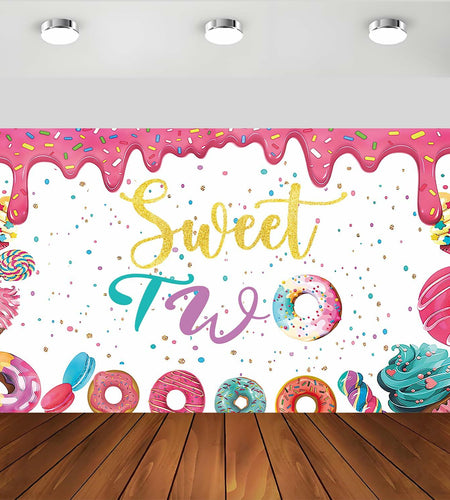 xuanflyF Donut Sweet Two Birthday Party Backdrop Banner 5x3ft Pink Cotton