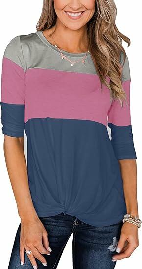 Load image into Gallery viewer, Minthunter Women's Long Sleeve Color T Shirt Round Neck Grey-Pink-Blue Size L
