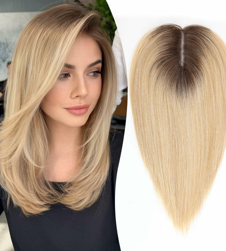 EMMOR 14in Synthetic Hair Topper with 3 Clips 5x3.5 Base Ombre Light Blonde