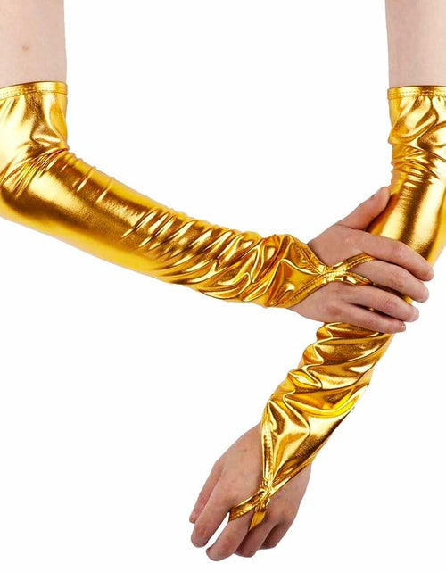Load image into Gallery viewer, GFLPO Fashion Fingerless Metallic Satin Long Elastic Gloves Gold Elbow Length
