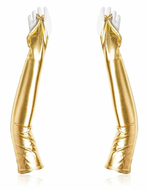 Load image into Gallery viewer, GFLPO Fashion Fingerless Metallic Satin Long Elastic Gloves Gold Elbow Length
