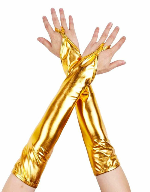 Load image into Gallery viewer, GFLPO Fashion Fingerless Metallic Satin Long Elastic Gloves Gold Elbow Length
