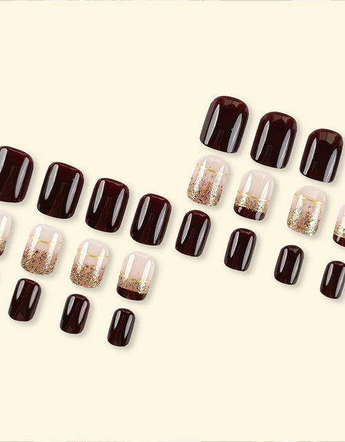 Load image into Gallery viewer, Brown Press On Nails Short Square Glitter Nude Brown Full Cover 24 Pcs
