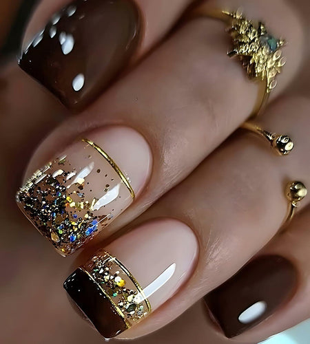 Brown Press On Nails Short Square Glitter Nude Brown Full Cover 24 Pcs