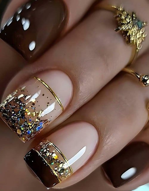 Load image into Gallery viewer, Brown Press On Nails Short Square Glitter Nude Brown Full Cover 24 Pcs
