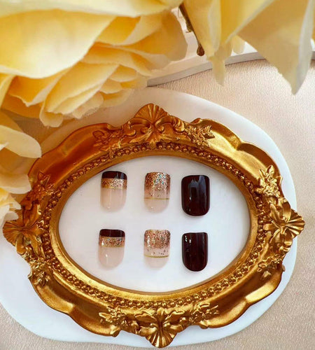 Brown Press On Nails Short Square Glitter Nude Brown Full Cover 24 Pcs
