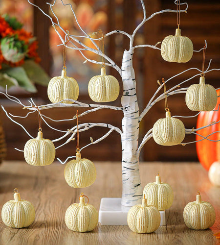 Hiboom 12 Pcs Resin Pumpkin Ornaments Rustic White Gold Fall Decor
