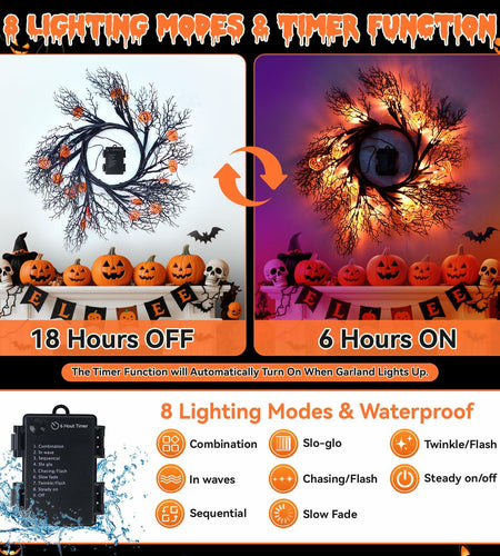 Slixune 6FT Halloween Willow Vine Twig Garland 45 LED Orange Lights