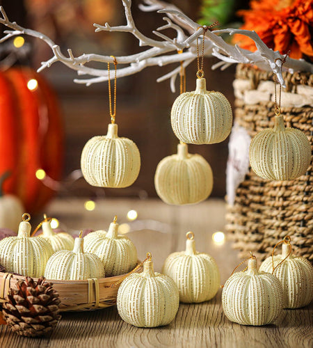 Hiboom 12 Pcs Resin Pumpkin Ornaments Rustic White Gold Fall Decor