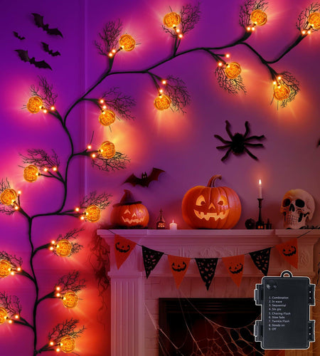 Slixune 6FT Halloween Willow Vine Twig Garland 45 LED Orange Lights