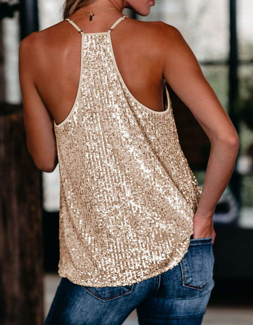 Load image into Gallery viewer, miduo Womens Sequin V Neck Strappy Tank Top Gold Size S
