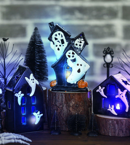 VioraWhite 15 Pcs Lighted Ceramic Halloween Village Accessories Set Black