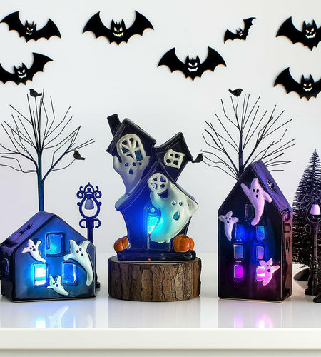 VioraWhite 15 Pcs Lighted Ceramic Halloween Village Accessories Set Black