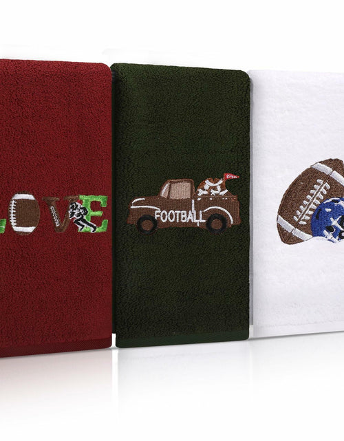 Load image into Gallery viewer, Fanfanwin 3 Pc Cotton Football Hand Towels 14x29 Rust Dark Green White

