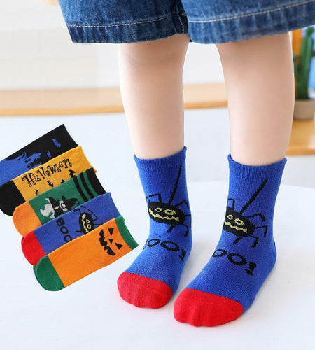 PAPPNTI Kids Halloween Cartoon Crew Socks 5 Pairs Multicolor Size 7-10