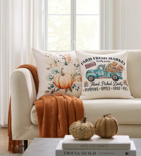 Meekio 4-Pack Fall Pillow Covers 18x18 Blue Pumpkin Truck Linen Decor