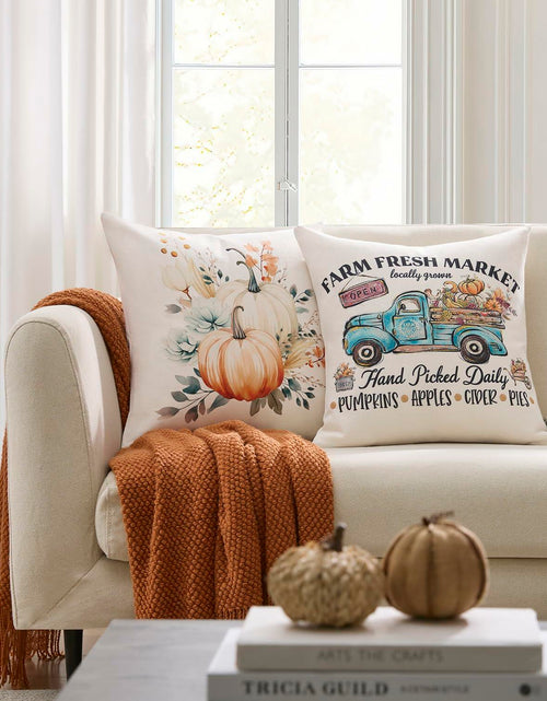 Load image into Gallery viewer, Meekio 4-Pack Fall Pillow Covers 18x18 Blue Pumpkin Truck Linen Decor
