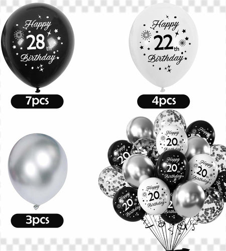 29th Birthday Balloons Set 16pcs Black Silver Latex Confetti Party Decor