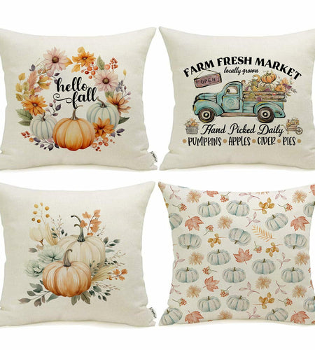 Meekio 4-Pack Fall Pillow Covers 18x18 Blue Pumpkin Truck Linen Decor