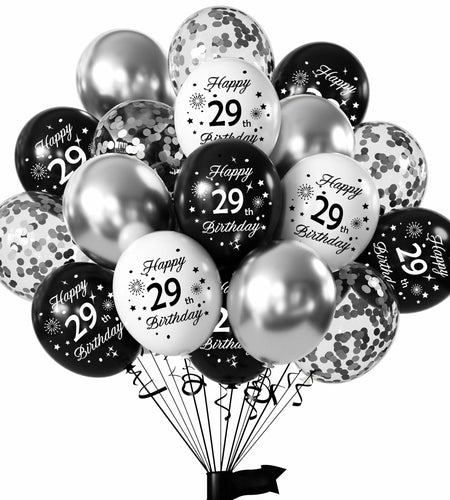 29th Birthday Balloons Set 16pcs Black Silver Latex Confetti Party Decor